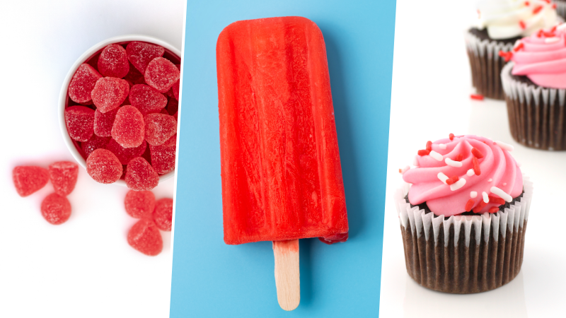 Colorful candies and sweets containing Red Dye #3